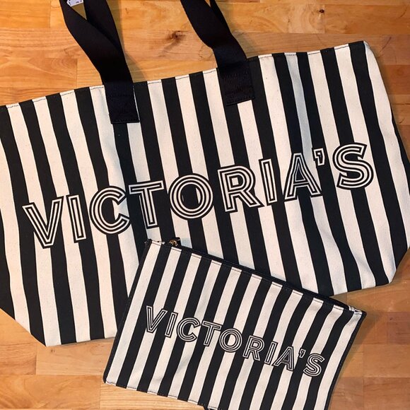 Victoria’s Secret Stripe Logo Weekender Canvas Tote Bag & Wristlet Set, NWT - Picture 1 of 9